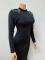 Women's semi high neck long sleeved solid color hip hugging long skirt high waist rhinestone backless high slit dress