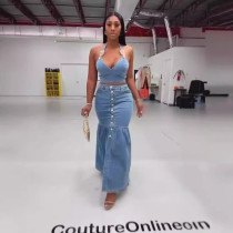 Micro elastic suspender low cut denim suit button down long skirt set