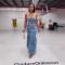 Micro elastic suspender low cut denim suit button down long skirt set