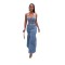 Micro elastic suspender low cut denim suit button down long skirt set