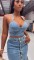 Micro elastic suspender low cut denim suit button down long skirt set