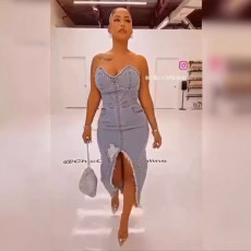 Washed denim dress with rhinestones, split ends, sandblasted, strapless straps, sexy women's long skirt