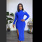 Women's semi high neck long sleeved solid color hip hugging long skirt high waist rhinestone backless high slit dress