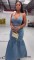Micro elastic suspender low cut denim suit button down long skirt set