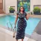 Women's short sleeved retro printed bag hip long skirt round neck slim fit high waist dress