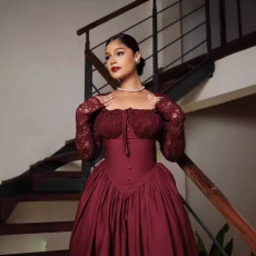 New square collar lace long sleeved fluffy mid length skirt with waist cinching solid color dress