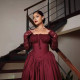 New square collar lace long sleeved fluffy mid length skirt with waist cinching solid color dress