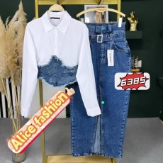 Cowboy patchwork fake two-piece long sleeved shirt denim split dress two-piece set