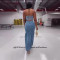 Micro elastic suspender low cut denim suit button down long skirt set