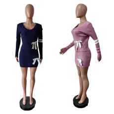 Hot selling V-neck knitted high stretch skirt set