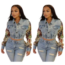 Hot selling denim printed elastic slim fit top