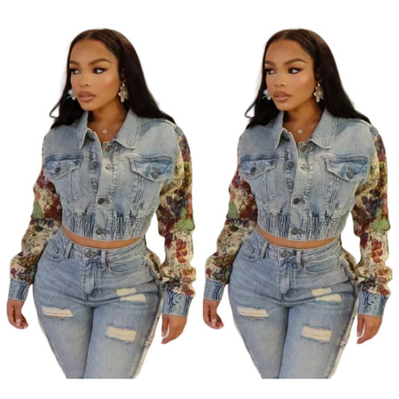 Hot selling denim printed elastic slim fit top