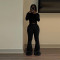Solid color high elasticity slim fit two-piece set long sleeved small flared women's clothing