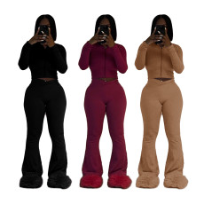 Solid color high elasticity slim fit two-piece set long sleeved small flared women's clothing