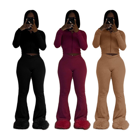 Solid color high elasticity slim fit two-piece set long sleeved small flared women's clothing