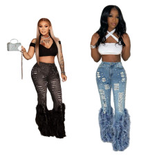 Hot selling pearl retro embellished feather jeans