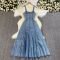 Summer new denim fashion suspender high waisted zipper long skirt dress