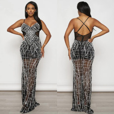 Solid color mesh rhinestone suspender, low cut, sexy, exposed backpack, hip, dress, women's dress
