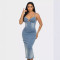 Washed denim sexy personality suspender pleated hollow slit dress for women