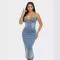 Washed denim sexy personality suspender pleated hollow slit dress for women