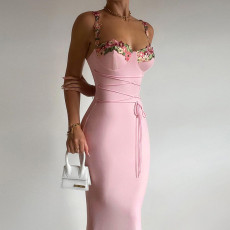 New autumn style chest cup decal wrapped buttocks long skirt, waist cinching strap suspender dress