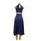 Women's new personalized and fashionable multi button pocket hollow denim dress, mid length skirt
