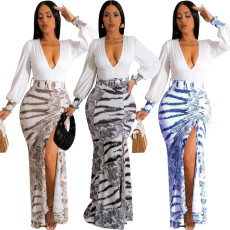 New Splicing Printed Deep V Low cut Sexy Split Hip Bag Long sleeved Dress for Women