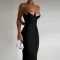 New autumn style chest cup decal wrapped buttocks long skirt, waist cinching strap suspender dress