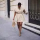 Fresh and loose stand up collar batball sleeve short sleeved skirt dress