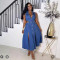 Women's new personalized and fashionable multi button pocket hollow denim dress, mid length skirt