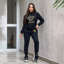 Autumn and winter new casual fashion cotton hoodie set with gold foil embroidery two-piece set