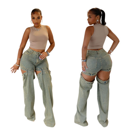 Women's street fashion retro washed hollow denim jeans