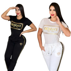 Autumn new fashionable commuting hot stamping short sleeved pants set