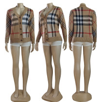 Classic commuting street plaid knit cardigan sweater jacket for autumn and winter