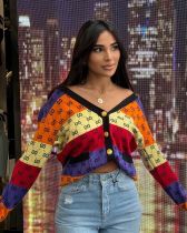 Winter new color blocking loose V-neck knitted cardigan sweater jacket