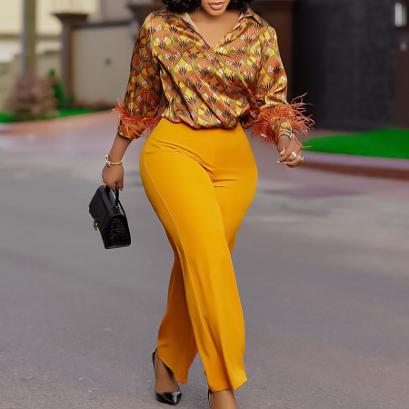 Printed long sleeved shirt with elegant temperament, wide leg pants, fashionable African suit