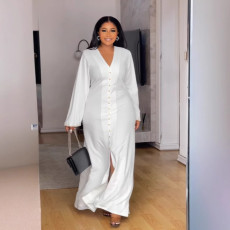 V-neck long sleeved waist cinched slit long dress