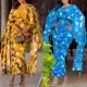Printed round neck flying sleeves, hip wrap, waist cinching, slit dress