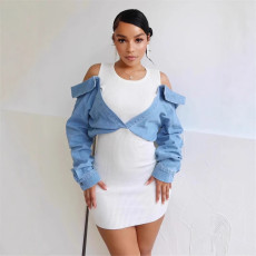 Fake two-piece denim patchwork off shoulder long sleeved dress for women 2024 cross-border new style hip hugging knitted short skirt two-piece set