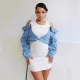 Fake two-piece denim patchwork off shoulder long sleeved dress for women 2024 cross-border new style hip hugging knitted short skirt two-piece set