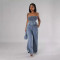 Hot selling strapless vest, straight leg wide leg pants, distressed jeans set