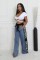 Fashion splicing woven wide leg denim pants for women's casual high waisted elastic lace up straight leg pants