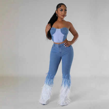 Autumn and winter new feather decorated high waisted elastic jeans for women