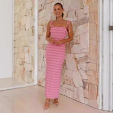 New French style waist cinching slimming solid color backless pearl suspender long dress for women