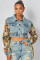 Fashion printed color blocked denim jacket, two-piece set of jeans for women