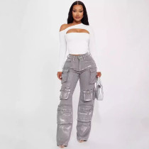 Hot silver jeans for women 2024 new style fashionable and personalized multi pocket design high waisted work pants long pants
