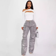 Hot silver jeans for women 2024 new style fashionable and personalized multi pocket design high waisted work pants long pants