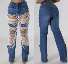 Cross border 2024 big hole jeans women's chain bead chain hanging straight leg pants