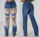 Cross border 2024 big hole jeans women's chain bead chain hanging straight leg pants