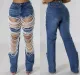 Cross border 2024 big hole jeans women's chain bead chain hanging straight leg pants